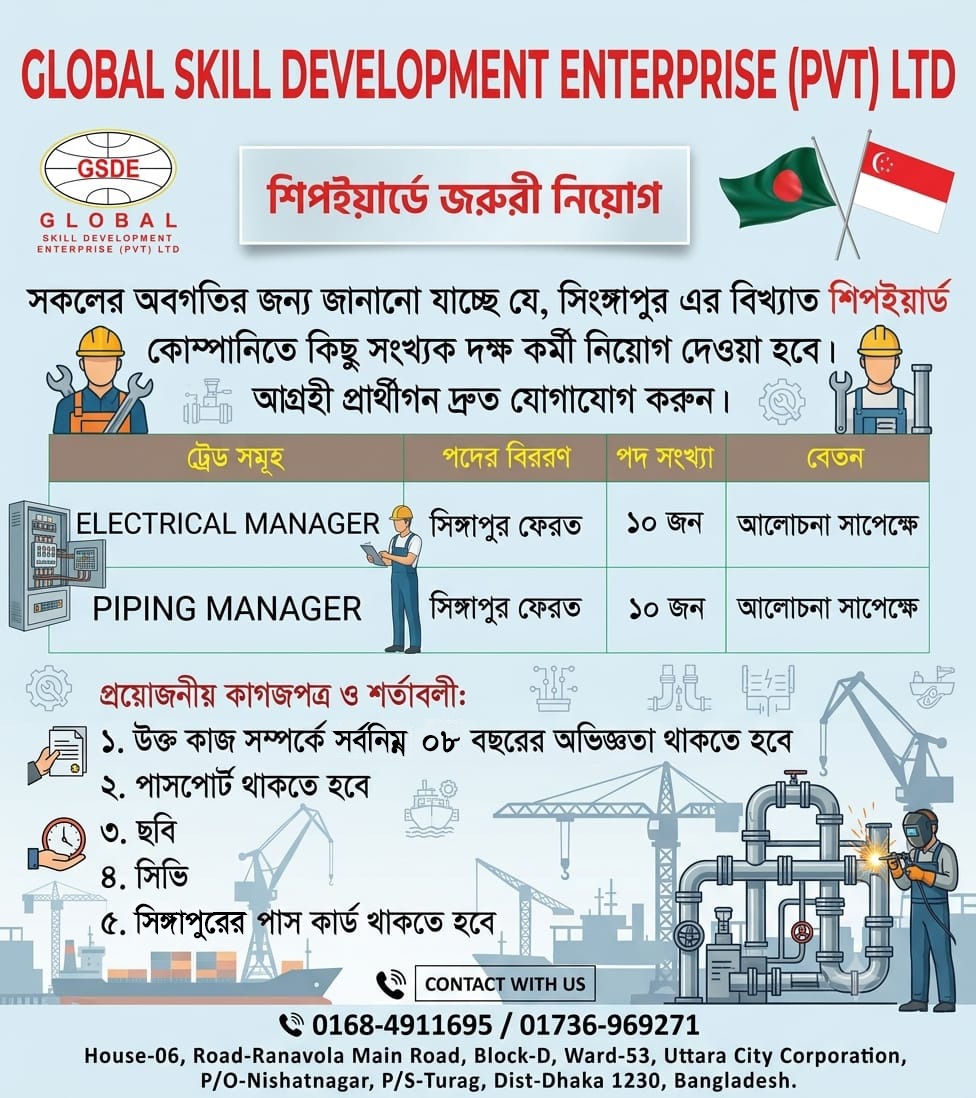 সকলের অবগতির জন্য জানানো হচ্ছে যে, সিংঙ্গাপুরে SHIPYARD এর  জন্য সরাসরি ডেলিগেট ইন্টারভিউ এর মাধ্যমে লোক নিয়োগ দেওয়া হবে।